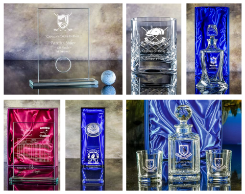 A mixture of different glass crystal items, a beautiful crystal decanter and tumblers, hole in one plaques and a golf column wedge trophy